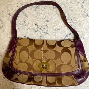 Coach purse - purple & tan, measures 15 inches wide by 8 inches tall